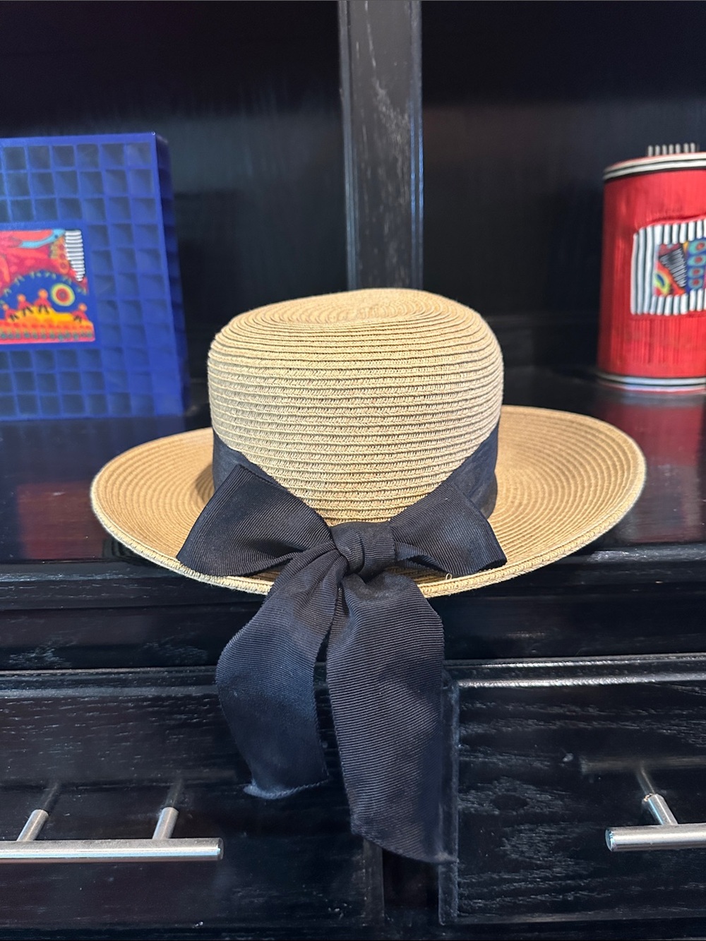 Scala Natural Straw Boater Hat with Black Ribbon
